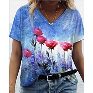 Women's Floral Theme T shirt Floral Patchwork Print V Neck Basic Tops Blue  3D Print Lightinthebox