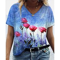 Women's Floral Theme T shirt Floral Patchwork Print V Neck Basic Tops Blue  3D Print Lightinthebox - thumbnail