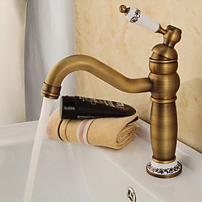 All Copper Bathroom Sink Faucet,Vintage Style Electroplated Centerset Single Handle One Hole Bath Taps with Hot and Cold Switch miniinthebox
