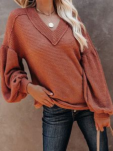 Loose V-neck sweater lantern sleeve top