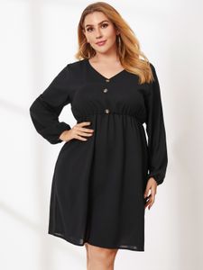 Plus Size V-neck Elastic Strap Long Sleeves Mini Dress