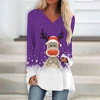 Women's Christmas Casual Dress T Shirt Dress Tee Dress  Short Mini Dress Green Blue Purple Red Gray Black Long Sleeve Elk Snowflake hat Print Fall Winter V Neck Stylish Casual 2022 XXS XS S Lightinthebox - thumbnail