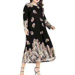 Women's Plus Size Casual Dress Swing Dress Kaftan Dress Graphic Midi Dress Long Sleeve Print Round Neck Fashion Daily Black Fall Spring XL 3XL 4XL 5XL 6XL Lightinthebox