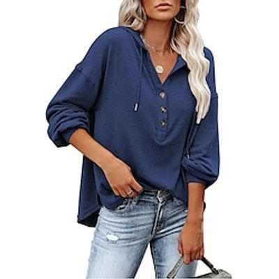 Women's Shirt Blouse Plain Black Navy Blue Royal Blue Button Long Sleeve Casual Fashion Hooded Regular Fit Fall  Winter Lightinthebox