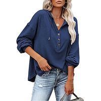 Women's Shirt Blouse Plain Black Navy Blue Royal Blue Button Long Sleeve Casual Fashion Hooded Regular Fit Fall  Winter Lightinthebox - thumbnail