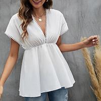 Shirt Blouse Women's White Plain Lace Flowing tunic Street Daily Fashion V Neck Regular Fit S Lightinthebox