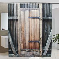 Wooden Door Theme Waterproof Polyester Fabric Bathroom Shower Curtain With Hooks 2 Size Choices