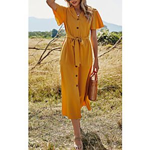 Women's A Line Dress Midi Dress Yellow Short Sleeve Solid Color Lace up Patchwork Button Fall Summer V Neck Elegant Casual 2021 S M L XL miniinthebox