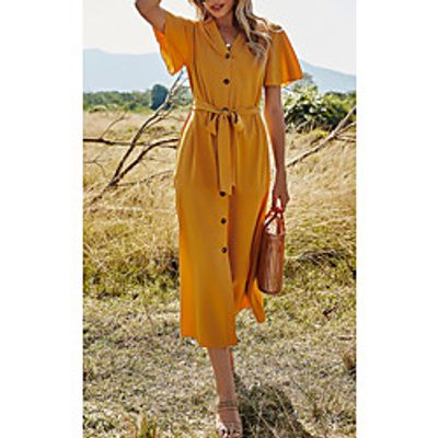 Women's A Line Dress Midi Dress Yellow Short Sleeve Solid Color Lace up Patchwork Button Fall Summer V Neck Elegant Casual 2021 S M L XL miniinthebox