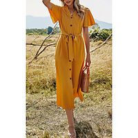 Women's A Line Dress Midi Dress Yellow Short Sleeve Solid Color Lace up Patchwork Button Fall Summer V Neck Elegant Casual 2021 S M L XL miniinthebox - thumbnail