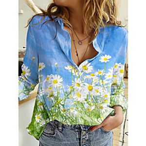 Women's Floral Theme 3D Printed Blouse Shirt 3D Flower Daisy Long Sleeve Button Print Shirt Collar Basic Tops Blue miniinthebox