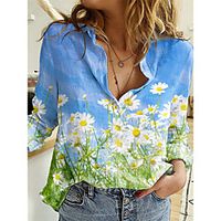 Women's Floral Theme 3D Printed Blouse Shirt 3D Flower Daisy Long Sleeve Button Print Shirt Collar Basic Tops Blue miniinthebox - thumbnail