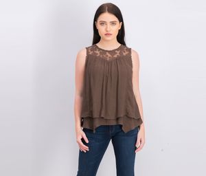 Womens Petite Layered-Hem Lace-Trim Top  Deep Mocha