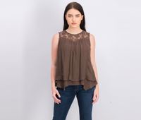Womens Petite Layered-Hem Lace-Trim Top  Deep Mocha - thumbnail