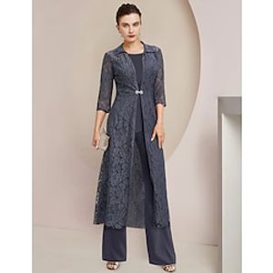 Jumpsuit  Pantsuit 3 Piece Mother of the Bride Dress Formal Wedding Guest Elegant Jewel Neck Floor Length Chiffon Lace 34 Length Sleeve Wrap Included with Crystal Brooch 2023 Lightinthebox