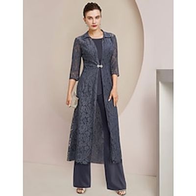 Jumpsuit  Pantsuit 3 Piece Mother of the Bride Dress Formal Wedding Guest Elegant Jewel Neck Floor Length Chiffon Lace 34 Length Sleeve Wrap Included with Crystal Brooch 2023 Lightinthebox
