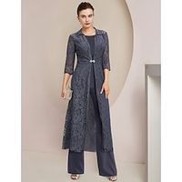 Jumpsuit  Pantsuit 3 Piece Mother of the Bride Dress Formal Wedding Guest Elegant Jewel Neck Floor Length Chiffon Lace 34 Length Sleeve Wrap Included with Crystal Brooch 2023 Lightinthebox - thumbnail