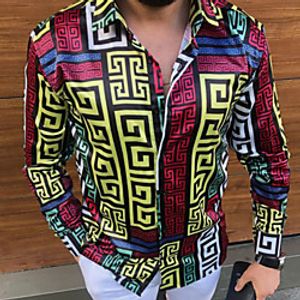 Men's Shirt Floral Geometry Print Long Sleeve Street Tops Ethnic Style Business Fashion Vintage Classic Collar Khaki Red / Spring / Club miniinthebox