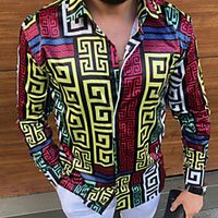 Men's Shirt Floral Geometry Print Long Sleeve Street Tops Ethnic Style Business Fashion Vintage Classic Collar Khaki Red / Spring / Club miniinthebox - thumbnail