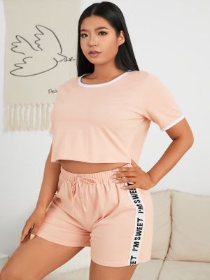 YOINS BASICS Plus Size Letter Drawstring Short Sleeves Two Piece Outfit YOINS BASICS Plus Size Letter Drawstring Short Sleeves Two Piece Outfit