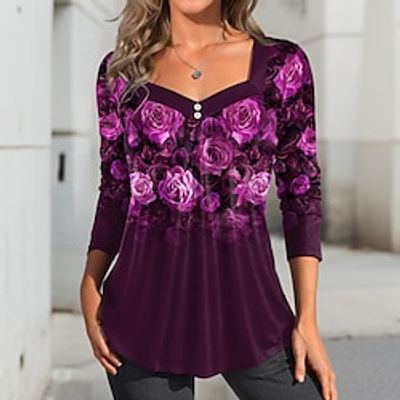 Women's Shirt Blouse Floral Casual Holiday Pink Blue Purple Print Button Long Sleeve Fashion Square Neck Regular Fit Spring   Fall Lightinthebox