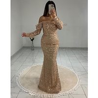 Mermaid  Trumpet Evening Gown Elegant Dress Wedding Black Tie Floor Length Long Sleeve Off Shoulder Sequined with Pearls 2023 Lightinthebox - thumbnail