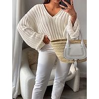 Women's Pullover Sweater Jumper V Neck Ribbed Knit Wool Knitted Fall Winter Regular Outdoor Daily Holiday Fashion Streetwear Casual Long Sleeve Solid Color White Orange Brown S M L Lightinthebox - thumbnail