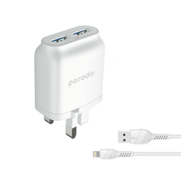 Porodo Dual USB Wall Charger 2.4A with Improved Version PVC Lightning Cable 1.2m, White