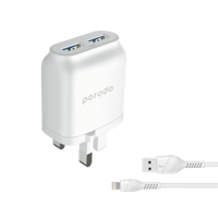 Porodo Dual USB Wall Charger 2.4A with Improved Version PVC Lightning Cable 1.2m, White