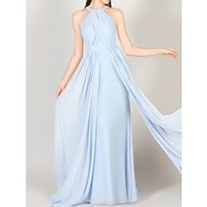 Sheath  Column Bridesmaid Dress Halter Neck Sleeveless Blue Sweep  Brush Train Chiffon with Ruching 2022 Lightinthebox