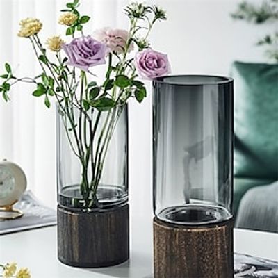 Vase Nordic Instagram Creative Glass Flower Vase Round Wooden Base Living Room Dining Table Decorative Ornament Lightinthebox