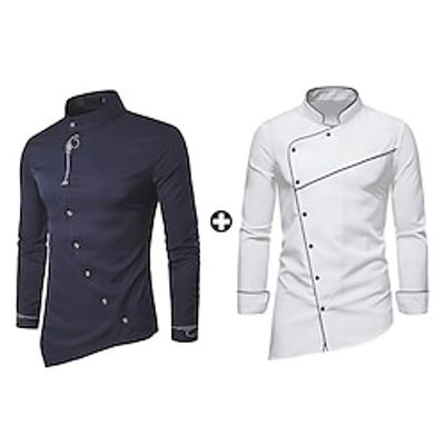 Men's As Picture Tuxedo Shirts Sets Long Sleeve Stand Collar Office  Career Going out Plain Irregular Hem Basic Polyester Spring   Fall Lightinthebox