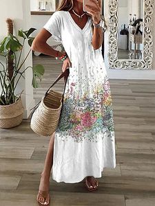 V Neck Short Sleeves Printed Slit Maxi Dress