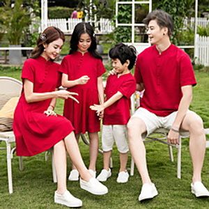 Family Look Dresses T shirt Tops Solid Color Daily Ruched Red Short Sleeve Knee-length Active Matching Outfits  Fall  Summer  Casual Lightinthebox