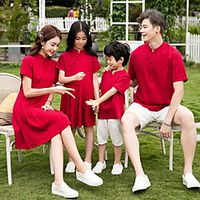 Family Look Dresses T shirt Tops Solid Color Daily Ruched Red Short Sleeve Knee-length Active Matching Outfits  Fall  Summer  Casual Lightinthebox - thumbnail