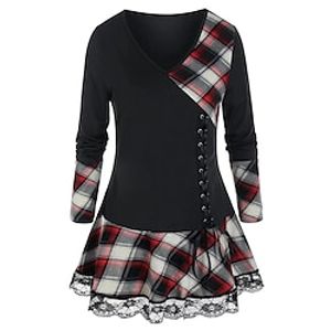 Women's Shirt Black Plaid Lace Trims Print Long Sleeve Casual Weekend Streetwear Round Neck Long S miniinthebox