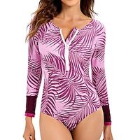 Women's Swimwear Rash Guard Diving Normal Swimsuit UV Protection Water Sports Tummy Control Zipper Print Leaf Green Purple Scoop Neck Bathing Suits New Stylish Vacation / Modern / Spa / Padded Bras miniinthebox - thumbnail