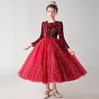 Kids Girls' Party Dress Solid Color Long Sleeve Graduation Pegeant Sequins Daily Princess Beautiful Cotton Knee-length Party Dress Spring Fall Winter 4-13 Years Red Green Lightinthebox