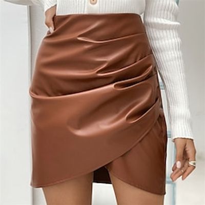 Women's Skirt Bodycon Mini Faux Leather Ruched Elegant Fashion Casual Street Daily Wine Black Light Brown Brown Skirts S M L Lightinthebox
