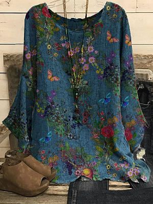 Round Neck Floral Print Casual Loose Long-sleeved Blouse