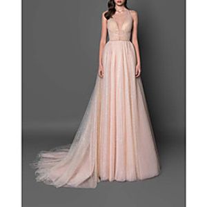 A-Line Glittering Beautiful Back Wedding Guest Prom Dress Halter Neck Sleeveless Court Train Tulle with Pleats Sequin 2022 Lightinthebox