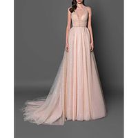 A-Line Glittering Beautiful Back Wedding Guest Prom Dress Halter Neck Sleeveless Court Train Tulle with Pleats Sequin 2022 Lightinthebox - thumbnail