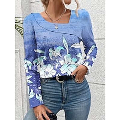 Women's T shirt Tee Pink Blue Green Floral Print Long Sleeve Holiday Weekend Fashion V Neck Regular Fit Floral Painting Spring   Fall Lightinthebox