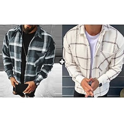 Men's As Picture Flannel Shirt Sets Long Sleeve Lapel Outdoor Street Plaid Basic Polyester Spring   Fall Lightinthebox