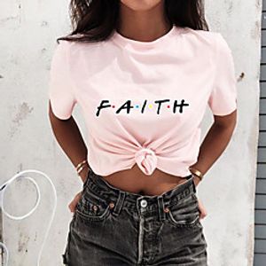 Women's T shirt Text Print Round Neck Tops Cotton Basic Basic Top White Khaki Light Blue Lightinthebox