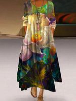 V-neck Casual Loose Floral Print Long Sleeve Maxi Dress