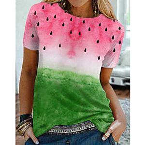 Women's T shirt Color Block Fruit Print Round Neck Tops Basic Basic Top Blushing Pink miniinthebox