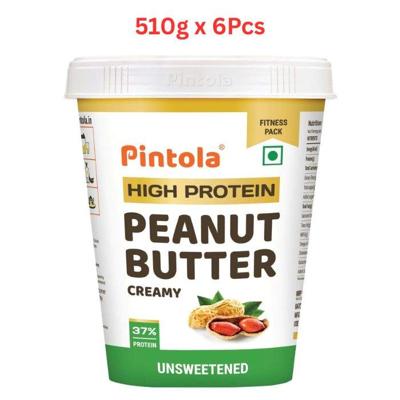Pintola High Protein Peanut Butter- All Natural (Creamy-Unsweetened) 510g (Pack Of 6)
