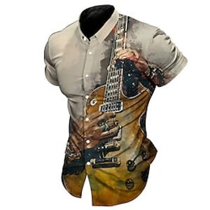 Men's Shirt Graphic Prints Music Guitar Turndown Yellow Blue Outdoor Street Short Sleeves Button-Down Print Clothing Apparel Fashion Streetwear Designer Soft Lightinthebox