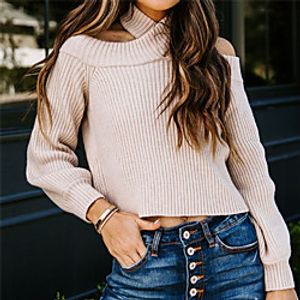 Women's Cropped  Sweater Knitted Solid Color Stylish Long Sleeve Sweater Cardigans Crew Neck Fall Winter Blue Wine Gray miniinthebox